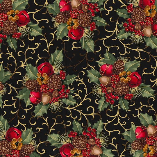 Fabric Traditions Christmas Black Berries &#x26; Bells Glitter Cotton Fabric